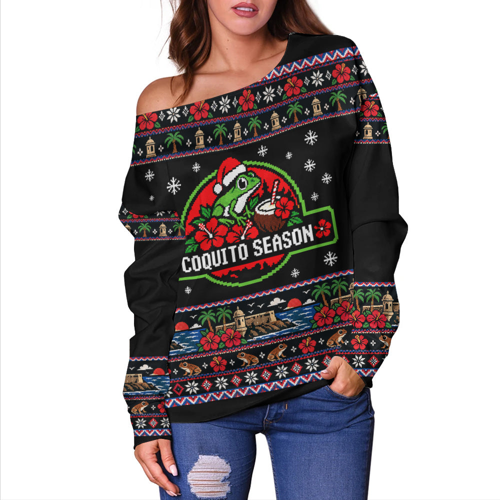 Puerto Rico Off Shoulder Sweatshirt Coquito Season Puerto Rico Christmas Ugly Style