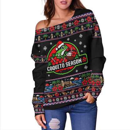 Puerto Rico Off Shoulder Sweatshirt Coquito Season Puerto Rico Christmas Ugly Style