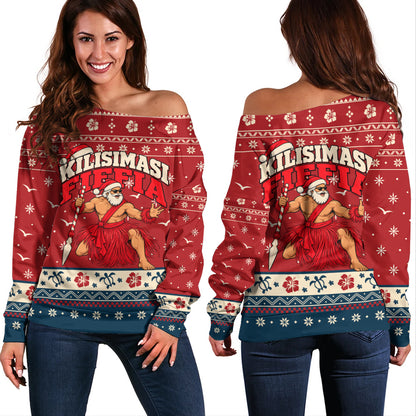 Tonga Off Shoulder Sweatshirt Ugly Christmas Kilisimasi Fiefia Tongan Warrior Santa