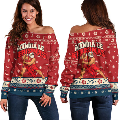 Samoa Off Shoulder Sweatshirt Ugly Christmas Manuia le Kerisimasi Samoan Warrior Santa