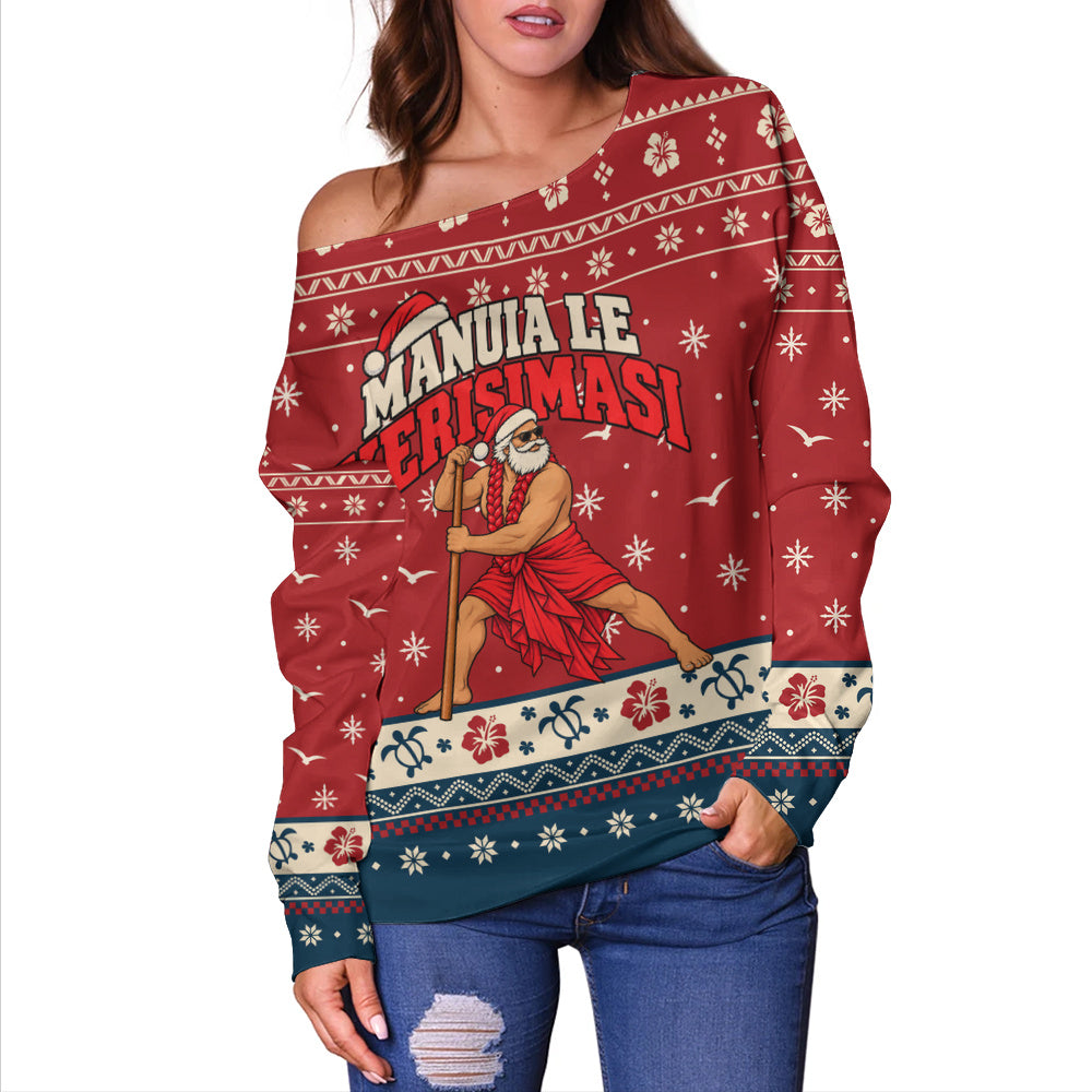 Samoa Off Shoulder Sweatshirt Ugly Christmas Manuia le Kerisimasi Samoan Warrior Santa