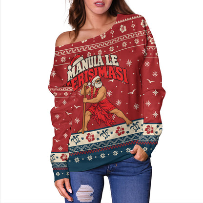 Samoa Off Shoulder Sweatshirt Ugly Christmas Manuia le Kerisimasi Samoan Warrior Santa