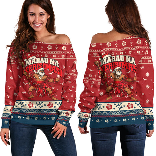 Fiji Off Shoulder Sweatshirt Ugly Christmas Marau na Kerisimasi Fijian Warrior Santa
