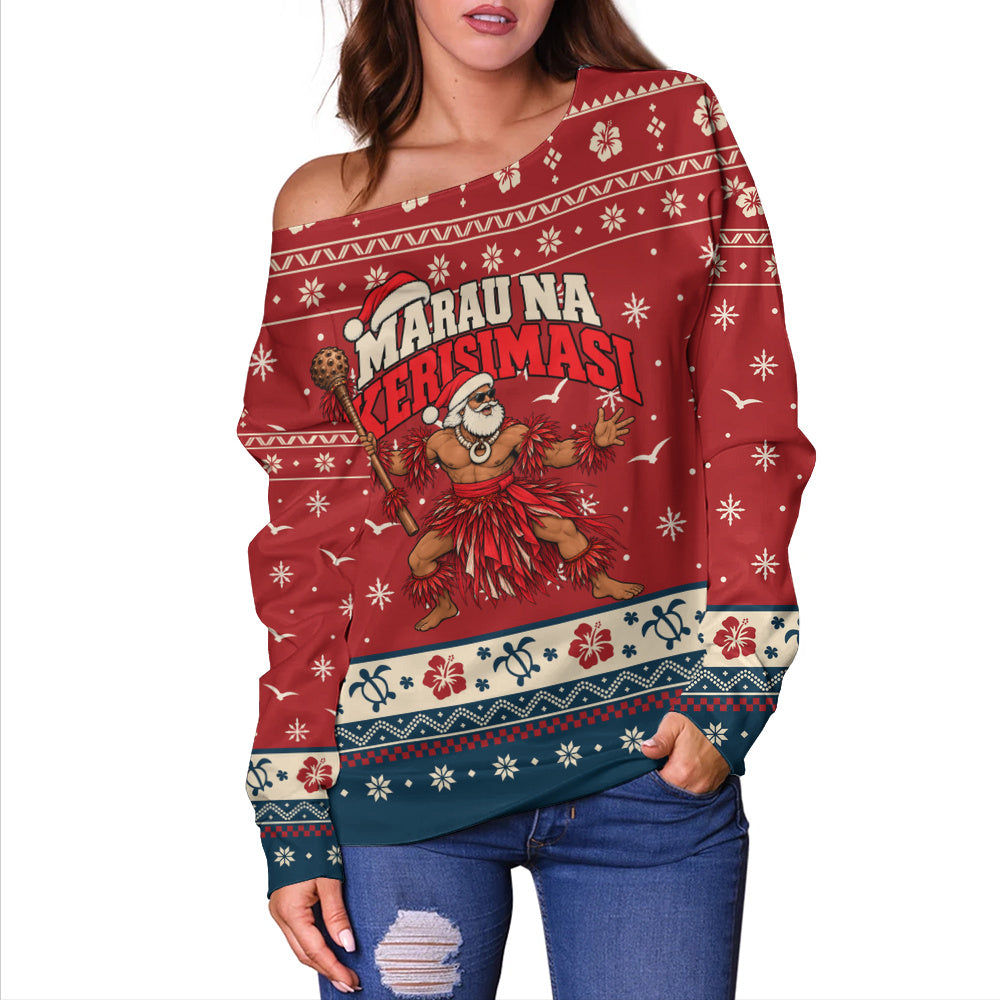 Fiji Off Shoulder Sweatshirt Ugly Christmas Marau na Kerisimasi Fijian Warrior Santa