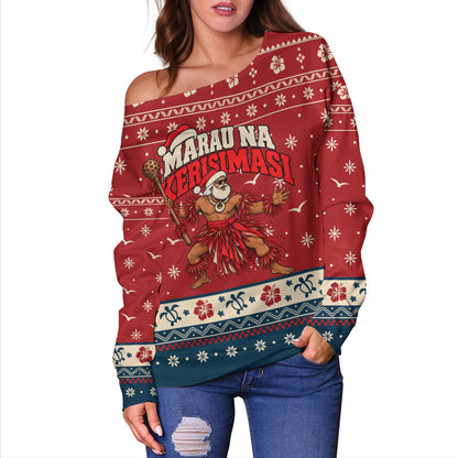 Fiji Off Shoulder Sweatshirt Ugly Christmas Marau na Kerisimasi Fijian Warrior Santa