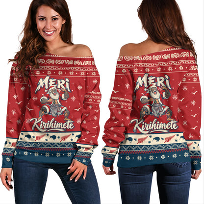 New Zealand Off Shoulder Sweatshirt Ugly Christmas Meri Kirihimete Maori Haka Santa