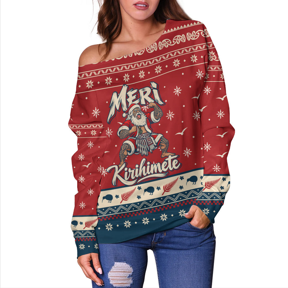New Zealand Off Shoulder Sweatshirt Ugly Christmas Meri Kirihimete Maori Haka Santa