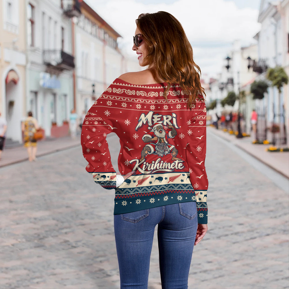 New Zealand Off Shoulder Sweatshirt Ugly Christmas Meri Kirihimete Maori Haka Santa