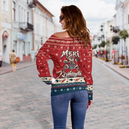 New Zealand Off Shoulder Sweatshirt Ugly Christmas Meri Kirihimete Maori Haka Santa