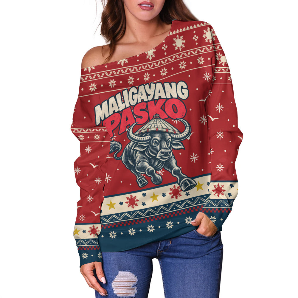 Philippines Filipinos Off Shoulder Sweatshirt Ugly Christmas Maligayang Pasko Filipino Carabao