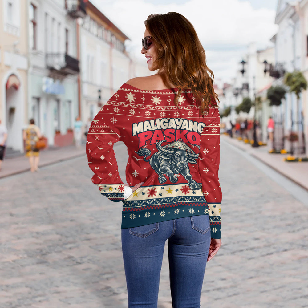 Philippines Filipinos Off Shoulder Sweatshirt Ugly Christmas Maligayang Pasko Filipino Carabao