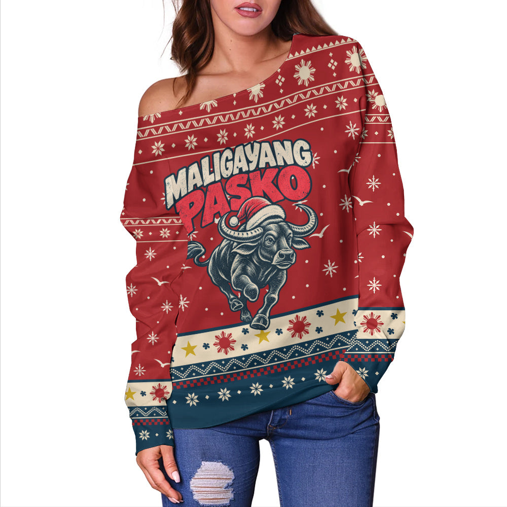 Philippines Filipinos Off Shoulder Sweatshirt Ugly Christmas Maligayang Pasko Filipino Santa Carabao