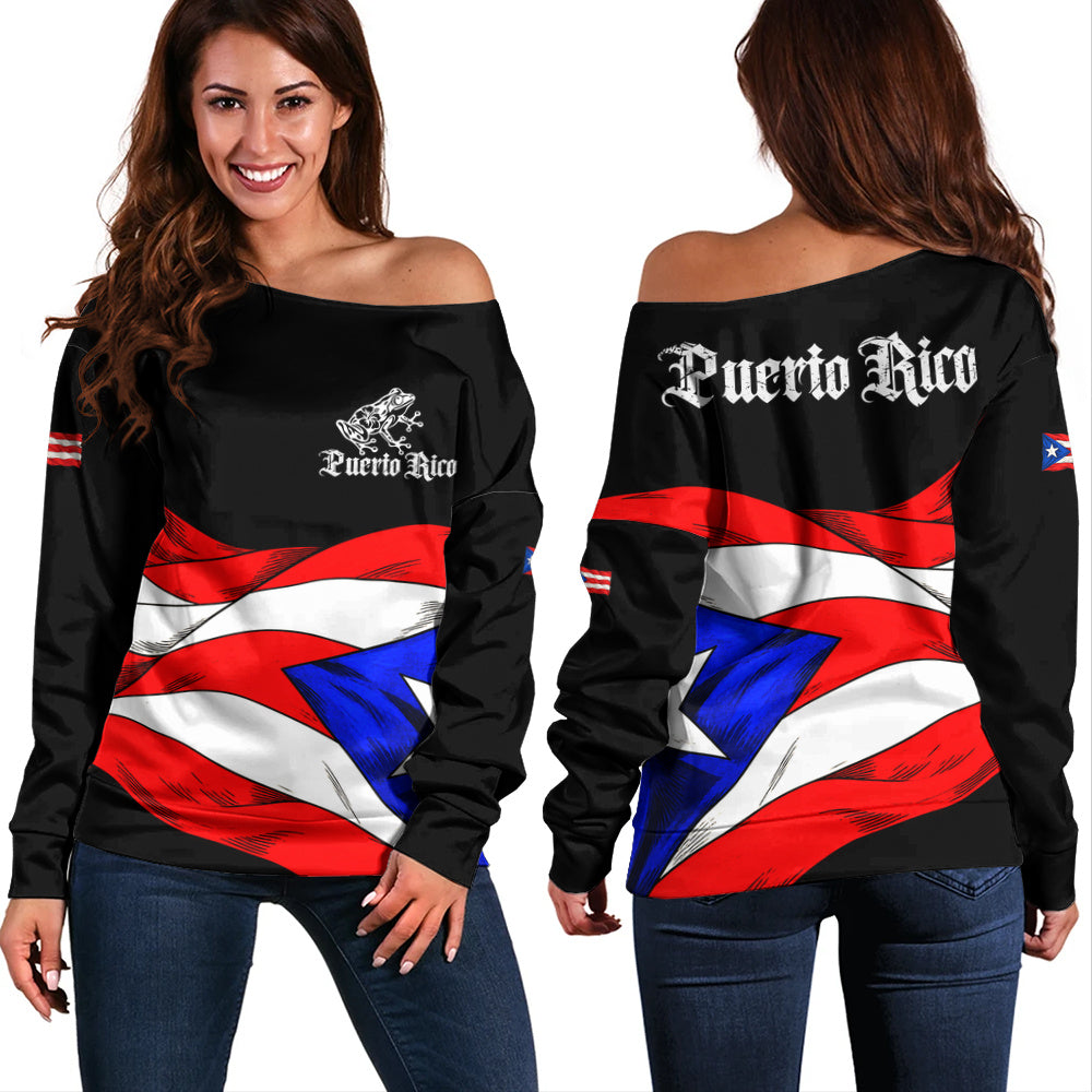 Puerto Rico Off Shoulder Sweatshirt Coqui Flag Boricua Heritage