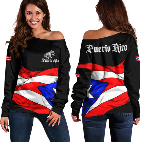 Puerto Rico Off Shoulder Sweatshirt Coqui Flag Boricua Heritage