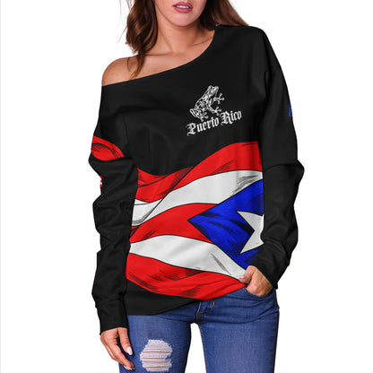 Puerto Rico Off Shoulder Sweatshirt Coqui Flag Boricua Heritage
