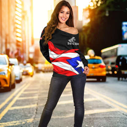 Puerto Rico Off Shoulder Sweatshirt Coqui Flag Boricua Heritage
