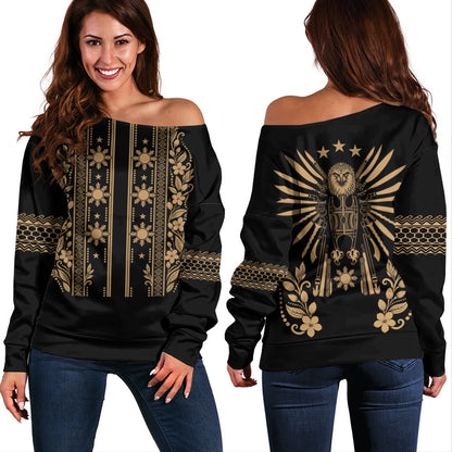 Philippines Filipinos Off Shoulder Sweatshirt Sampaguita With Eagle Sun Filipino Heritage