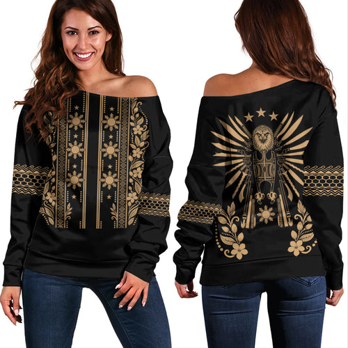 Philippines Filipinos Off Shoulder Sweatshirt Sampaguita With Eagle Sun Filipino Heritage