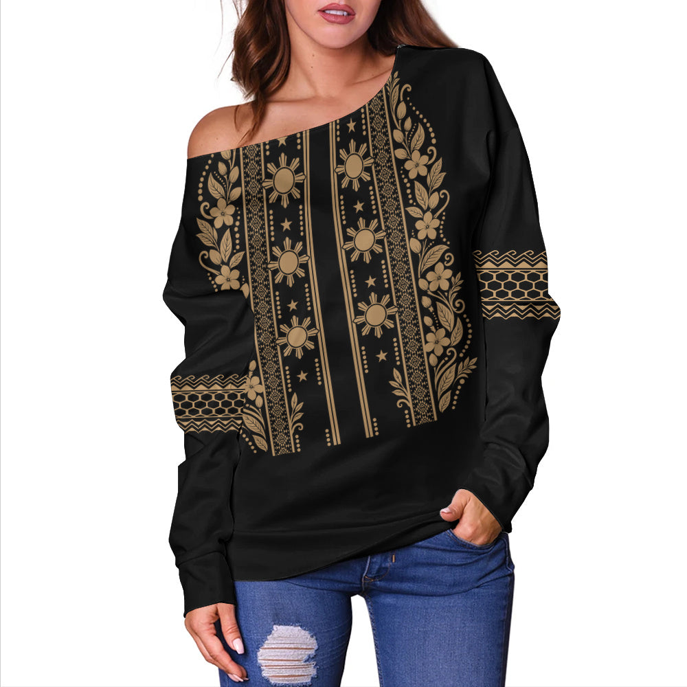 Philippines Filipinos Off Shoulder Sweatshirt Sampaguita With Eagle Sun Filipino Heritage