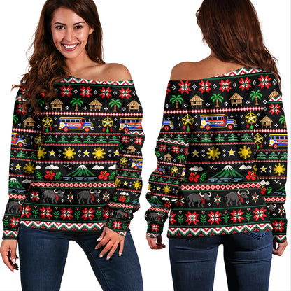 Philippines Filipinos Off Shoulder Sweatshirt Maligayang Pasko Pattern Style
