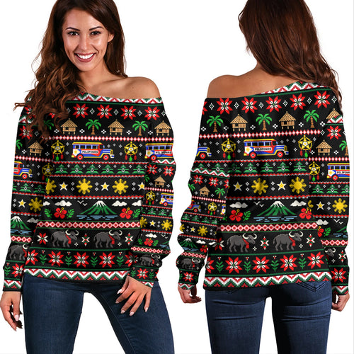 Philippines Filipinos Off Shoulder Sweatshirt Maligayang Pasko Pattern Style