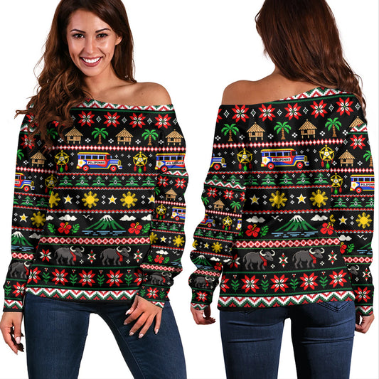 Philippines Filipinos Off Shoulder Sweatshirt Maligayang Pasko Pattern Style