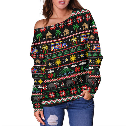 Philippines Filipinos Off Shoulder Sweatshirt Maligayang Pasko Pattern Style