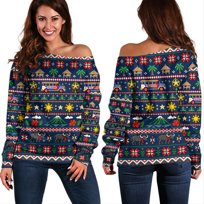 Philippines Filipinos Off Shoulder Sweatshirt Maligayang Pasko Pattern Style