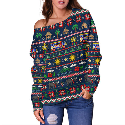 Philippines Filipinos Off Shoulder Sweatshirt Maligayang Pasko Pattern Style