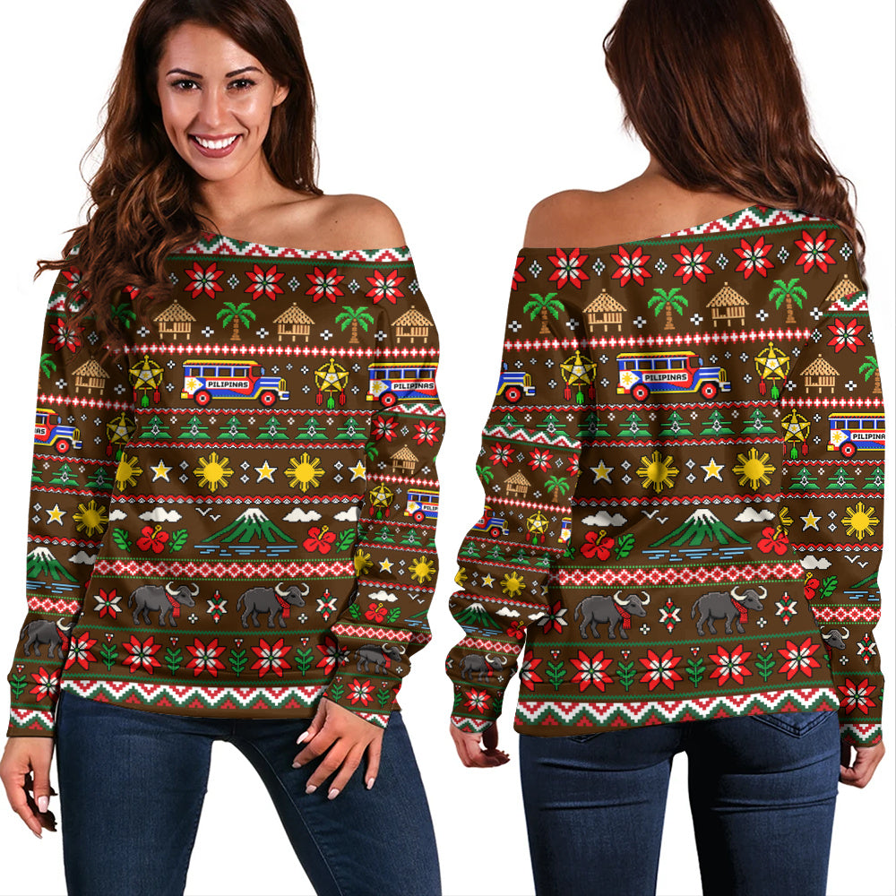 Philippines Filipinos Off Shoulder Sweatshirt Maligayang Pasko Pattern Style