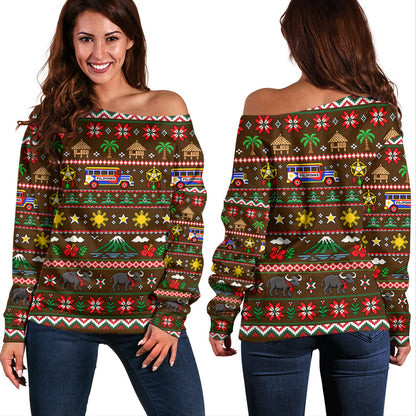 Philippines Filipinos Off Shoulder Sweatshirt Maligayang Pasko Pattern Style