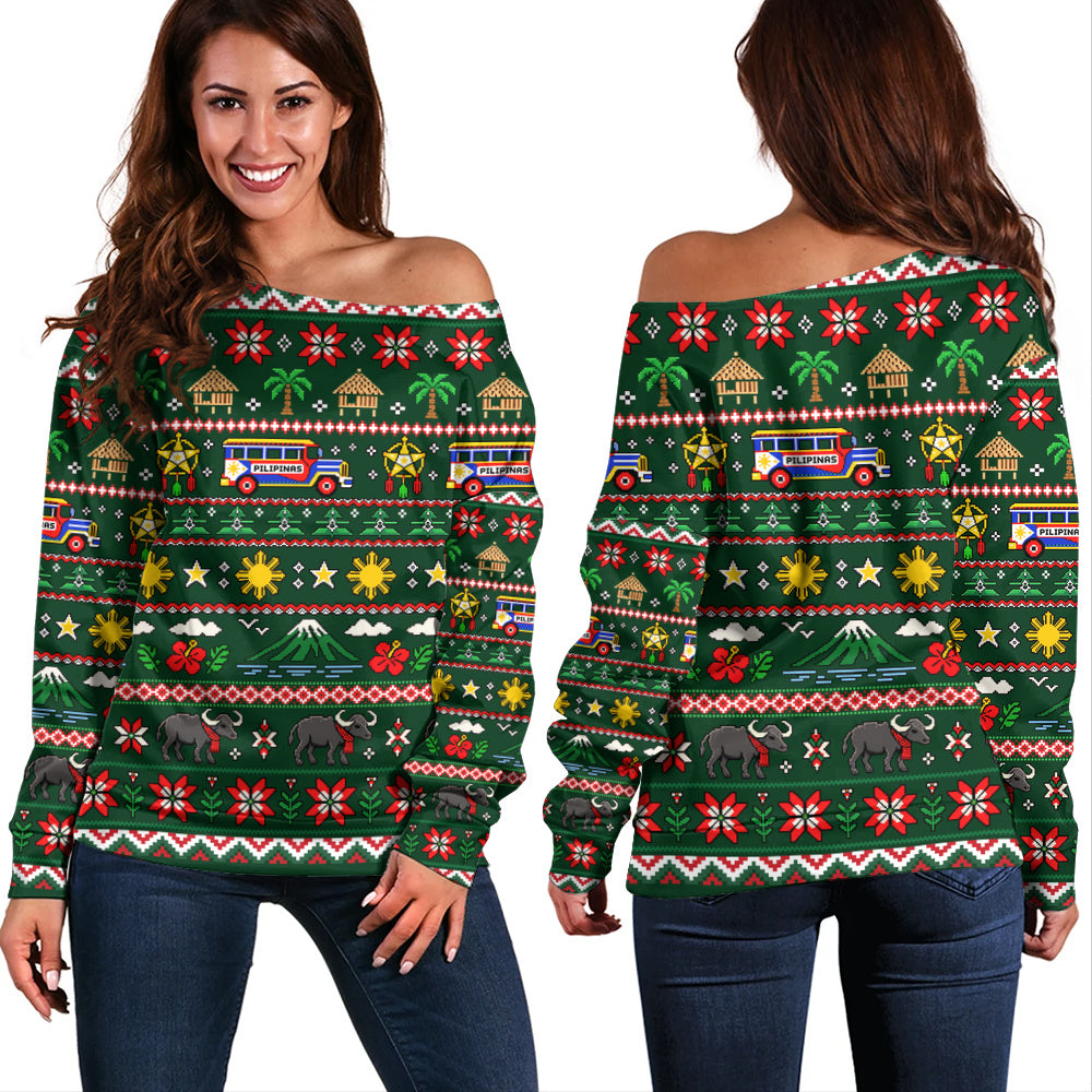 Philippines Filipinos Off Shoulder Sweatshirt Maligayang Pasko Pattern Style