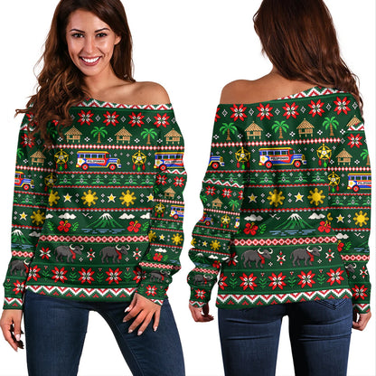 Philippines Filipinos Off Shoulder Sweatshirt Maligayang Pasko Pattern Style