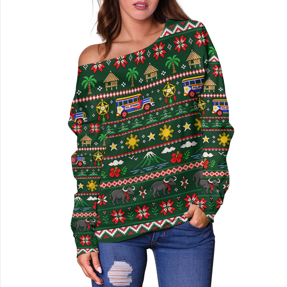 Philippines Filipinos Off Shoulder Sweatshirt Maligayang Pasko Pattern Style