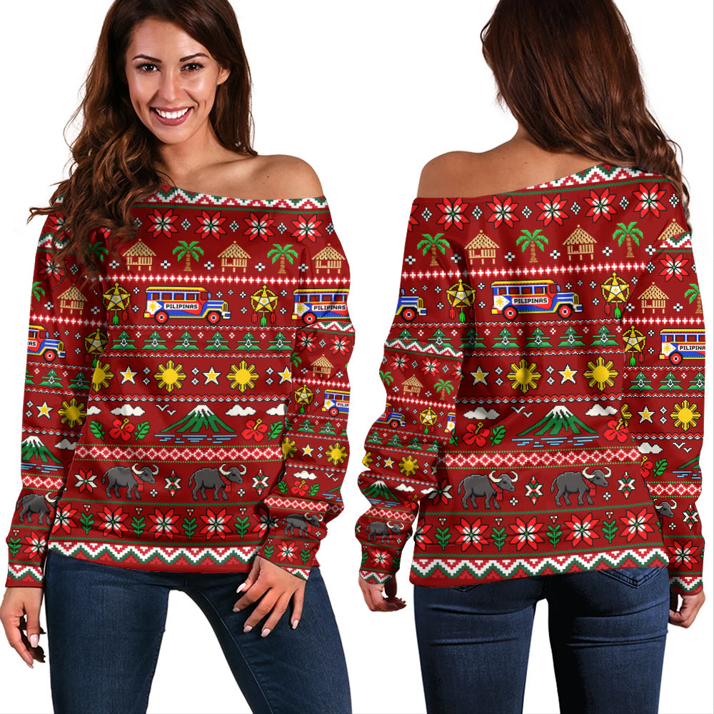 Philippines Filipinos Off Shoulder Sweatshirt Maligayang Pasko Pattern Style