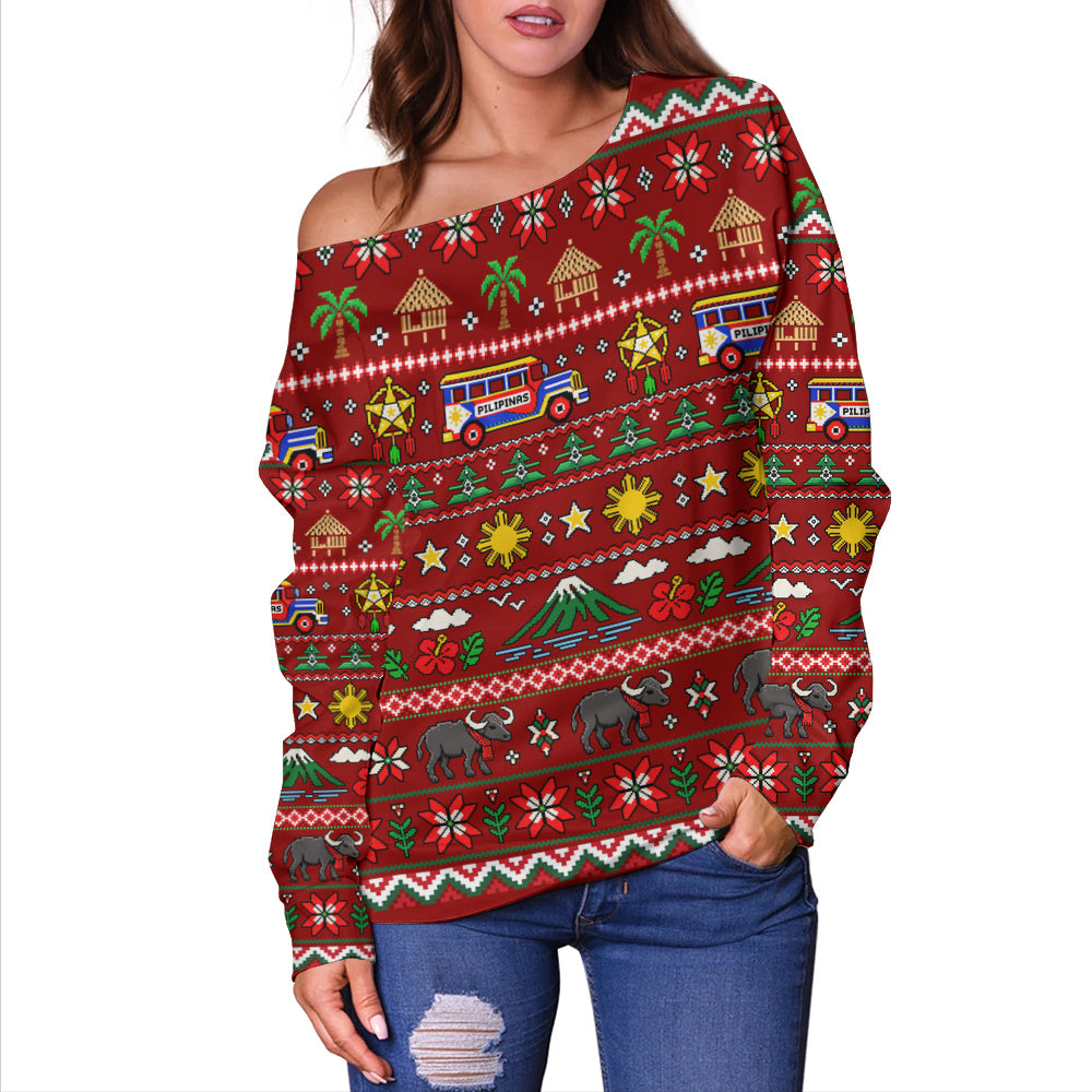Philippines Filipinos Off Shoulder Sweatshirt Maligayang Pasko Pattern Style