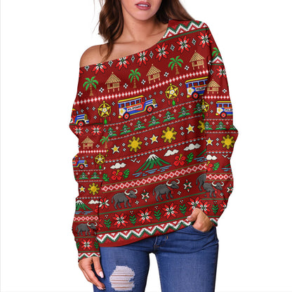 Philippines Filipinos Off Shoulder Sweatshirt Maligayang Pasko Pattern Style