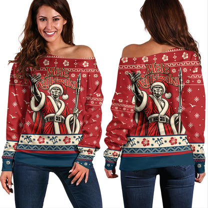 Hawaii Off Shoulder Sweatshirt Ugly Christmas Mele Kalikimaka King Kamehameha