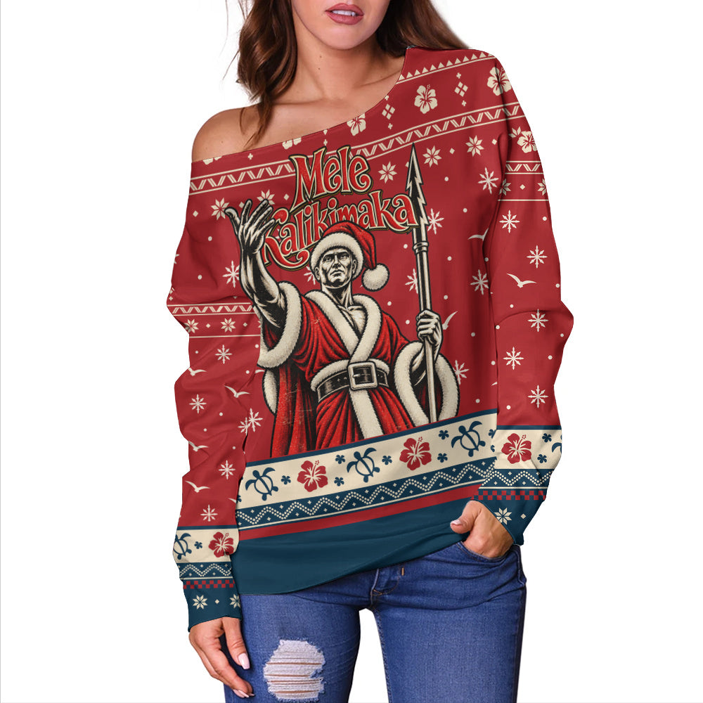 Hawaii Off Shoulder Sweatshirt Ugly Christmas Mele Kalikimaka King Kamehameha