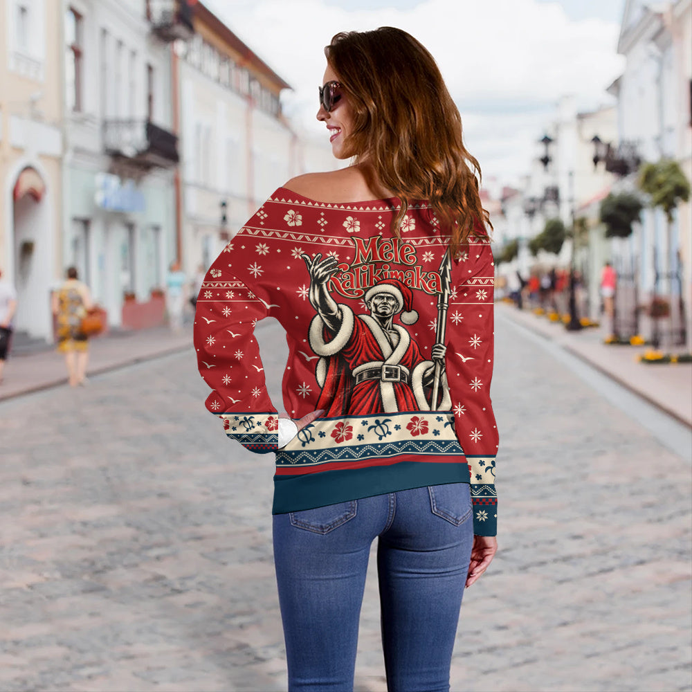 Hawaii Off Shoulder Sweatshirt Ugly Christmas Mele Kalikimaka King Kamehameha