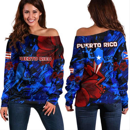 Puerto Rico Off Shoulder Sweatshirt Coqui Frog Flag Hibiscus Tropical Floral Pride