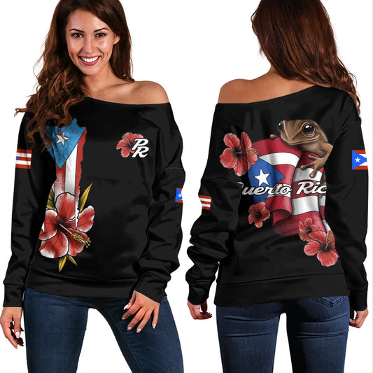 Puerto Rico Off Shoulder Sweatshirt Black Puerto Rican Flag Hibiscus Floral Boricua Pride