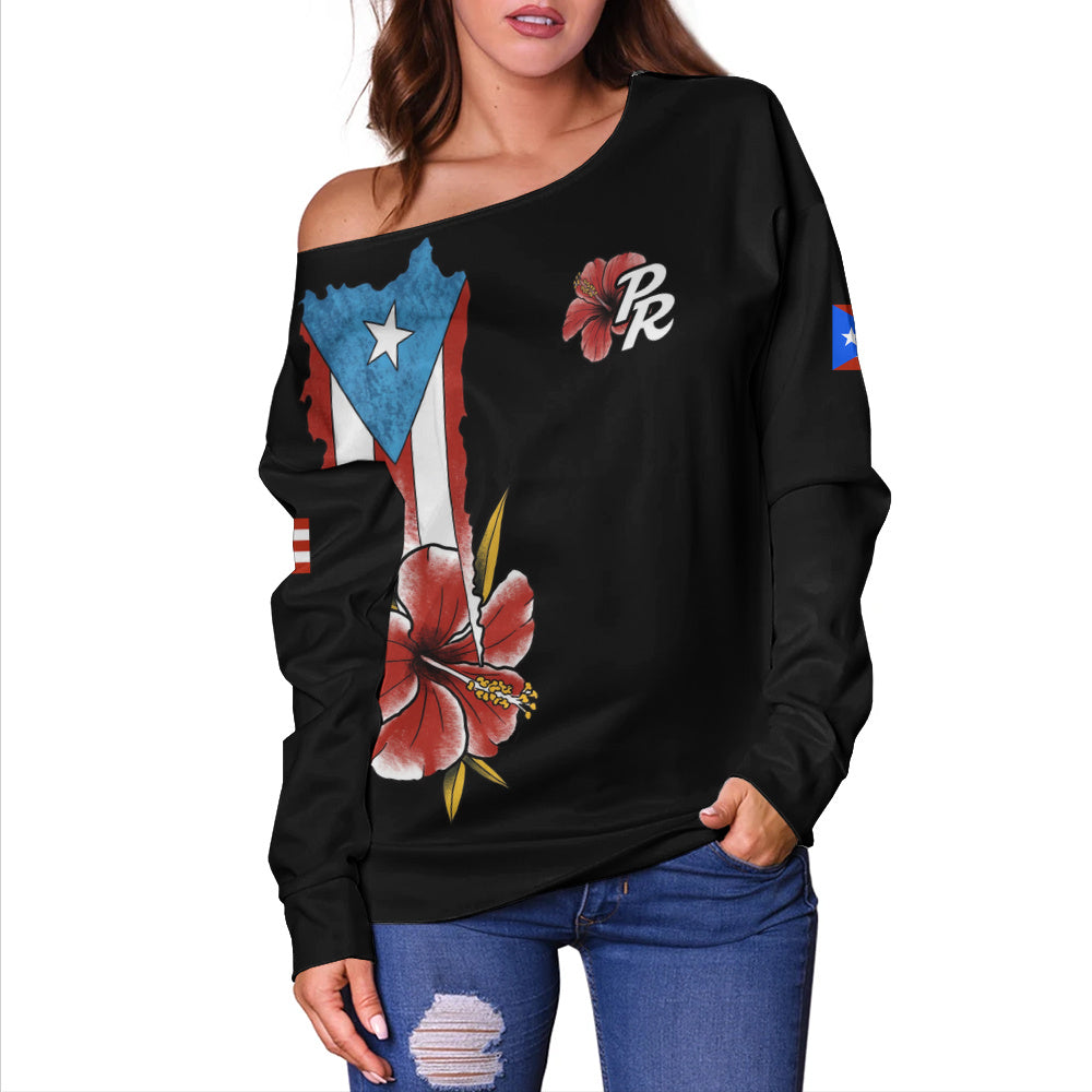 Puerto Rico Off Shoulder Sweatshirt Black Puerto Rican Flag Hibiscus Floral Boricua Pride