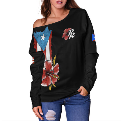 Puerto Rico Off Shoulder Sweatshirt Black Puerto Rican Flag Hibiscus Floral Boricua Pride