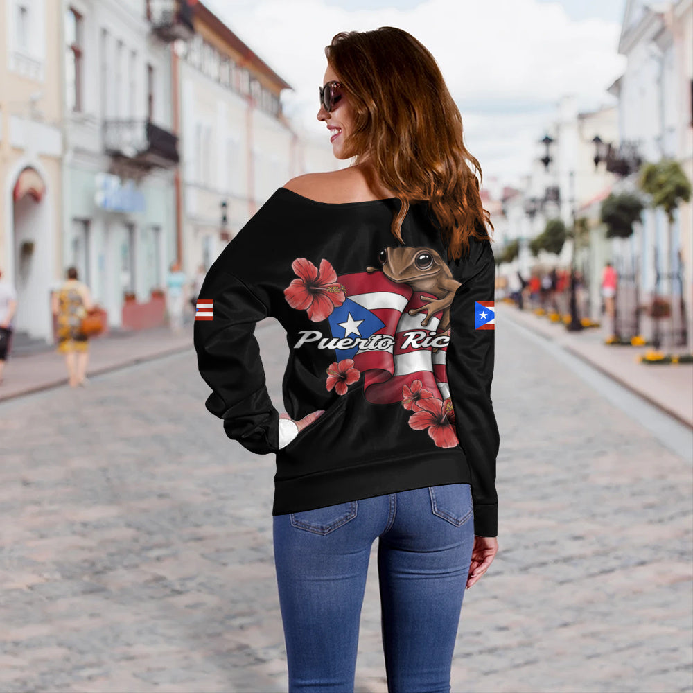 Puerto Rico Off Shoulder Sweatshirt Black Puerto Rican Flag Hibiscus Floral Boricua Pride