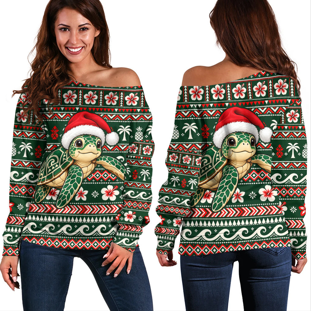 Hawaii Off Shoulder Sweatshirt Santa Sea Turtle Polynesian Tribal Tropical Floral