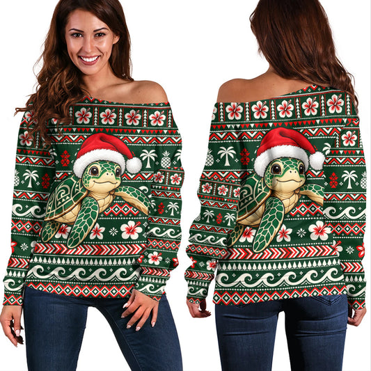 Hawaii Off Shoulder Sweatshirt Santa Sea Turtle Polynesian Tribal Tropical Floral