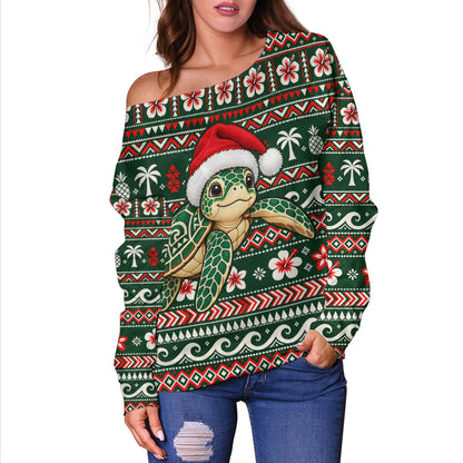 Hawaii Off Shoulder Sweatshirt Santa Sea Turtle Polynesian Tribal Tropical Floral