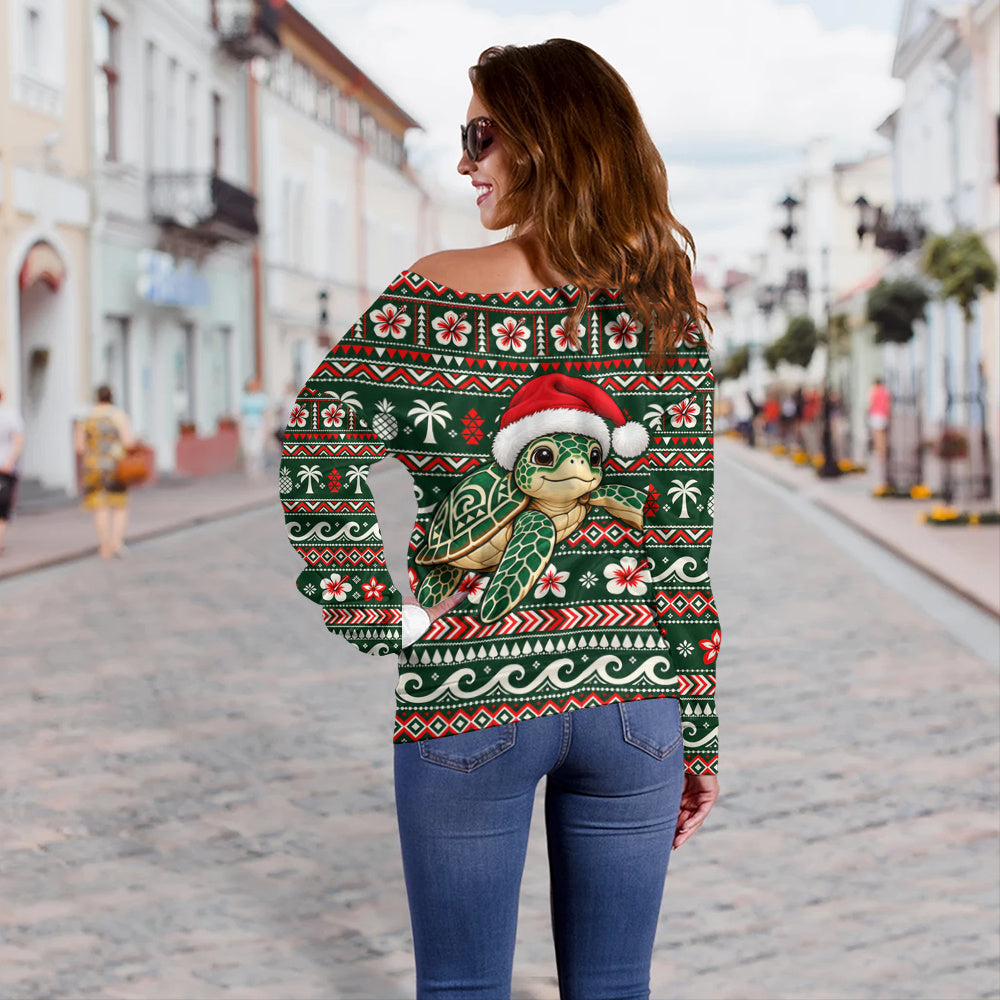 Hawaii Off Shoulder Sweatshirt Santa Sea Turtle Polynesian Tribal Tropical Floral