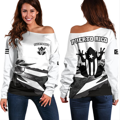 Puerto Rico Off Shoulder Sweatshirt Coqui Frog Puerto Rican Flag Tropical Floral Boricua Pride